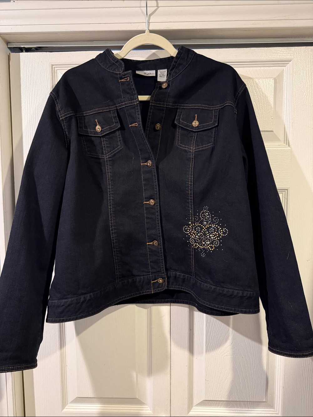 Chico's “Platinum” Black Denim Jacket with Embellished Motifs